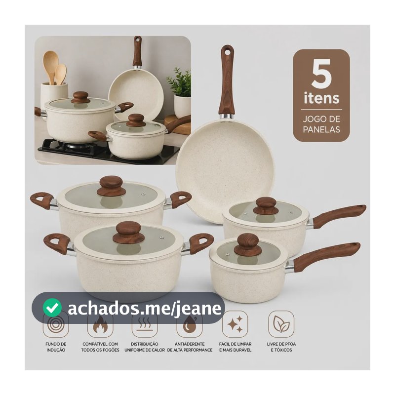 Conjunto Jogo De Panelas 5 Peças Indução Ceramica Panela Caçarola Frigideira Antiaderente Com Tampa Vidro Firenzi Shokki Cor Bege