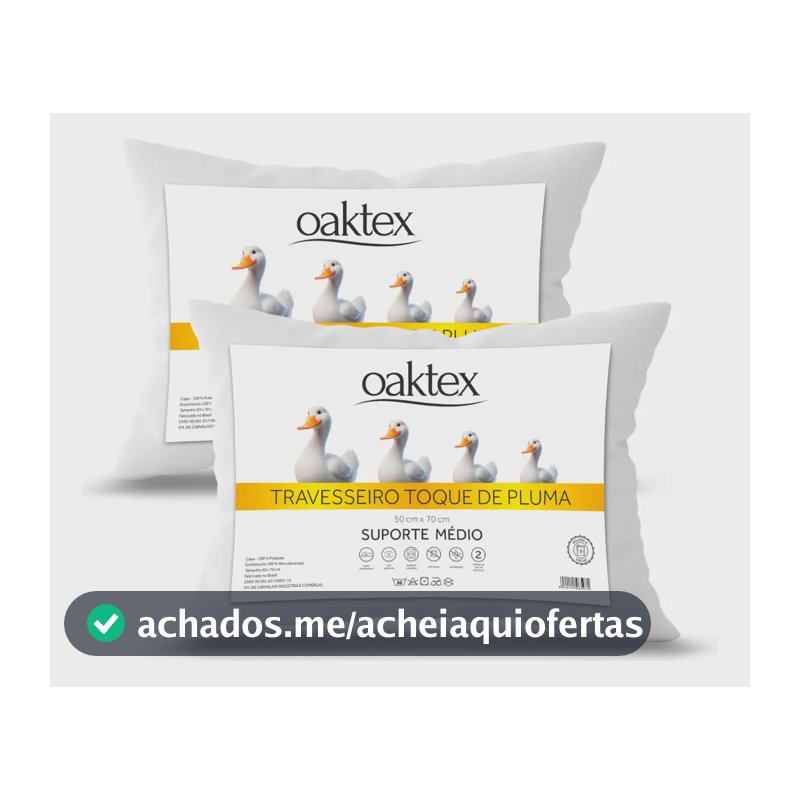 Kit 2 Travesseiros 70x50 Antialérgico Lavável Fibra Siliconada Toque de Pluma de Ganso Oaktex Cor Branco