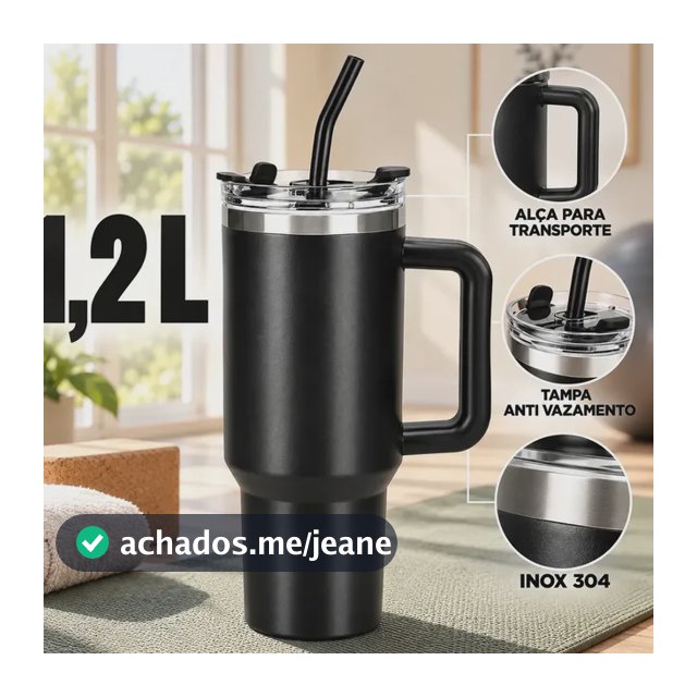 Copo Térmico Caneca Garrafa 1,2L 1200ml Inox Com Alça Tampa Anti-vazamento Canudo Inox Parede Dupla Quente Fria Carro Academia Viagem Sólar
