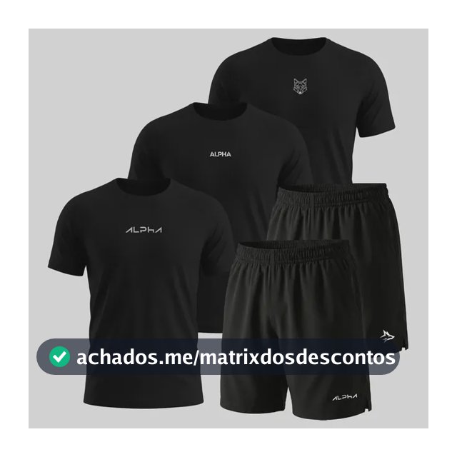 Kit 5 Peças All Black Dry 3 Camisetas E 2 Bermudas Alpha