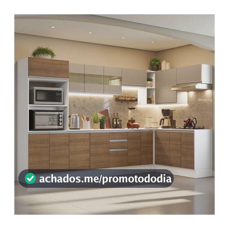 Armário De Cozinha Completa De Canto Madesa Smart 100% Mdf Cor Branco/Rustic/Crema