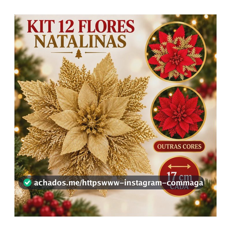 Kit 12 Flores Enfeite Artificial Glitter 17cm Decoração Árvore De Natal Dourado Luvinco