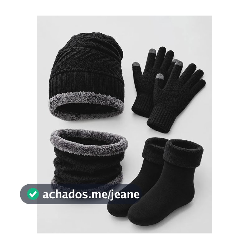 Kit Touca Gorro Com Protetor De Pescoço Gola E Luva Touch E Meia Térmica Quente Peluciada Inverno Frio Intenso Unissex Preto Lemon Shark