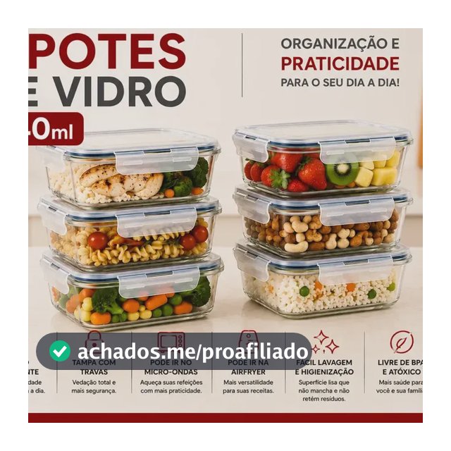 Kit 6 Potes 640ml Vidro Hermético 4 Travas Marmita Refratario Star House Com 4 Travas De Super Vedação Branco