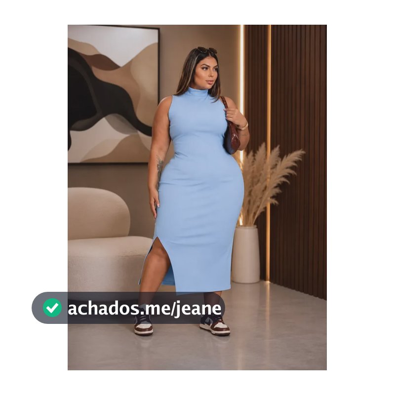 Vestido Midi Canelado Gola Alta Fenda Lateral Plus Size Azul-claro 50-52