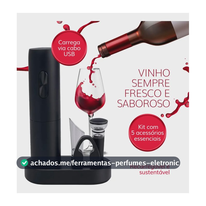Kit Abridor De Vinho Elétrico Recarregável Usb - Saca Rolhas Preto Com Base