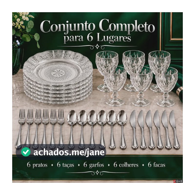 Aparelho de Jantar Sforte 30 Peças com Pratos e Taças de Vidro e Talheres em Inox