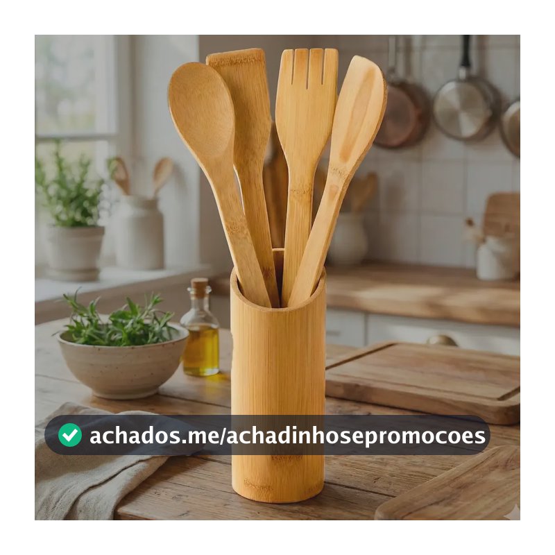 Conjunto Talheres Bambu 5 Peças Pau Colher Garfo Espátulas Bambu