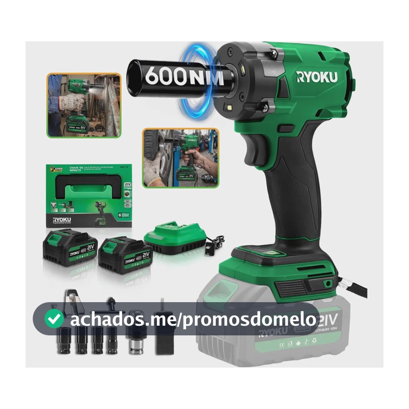 Chave De Impacto Brushless 21v 2 Baterias 600nm 1/2  Ryoku Verde 127/220v 50 Hz/60 Hz