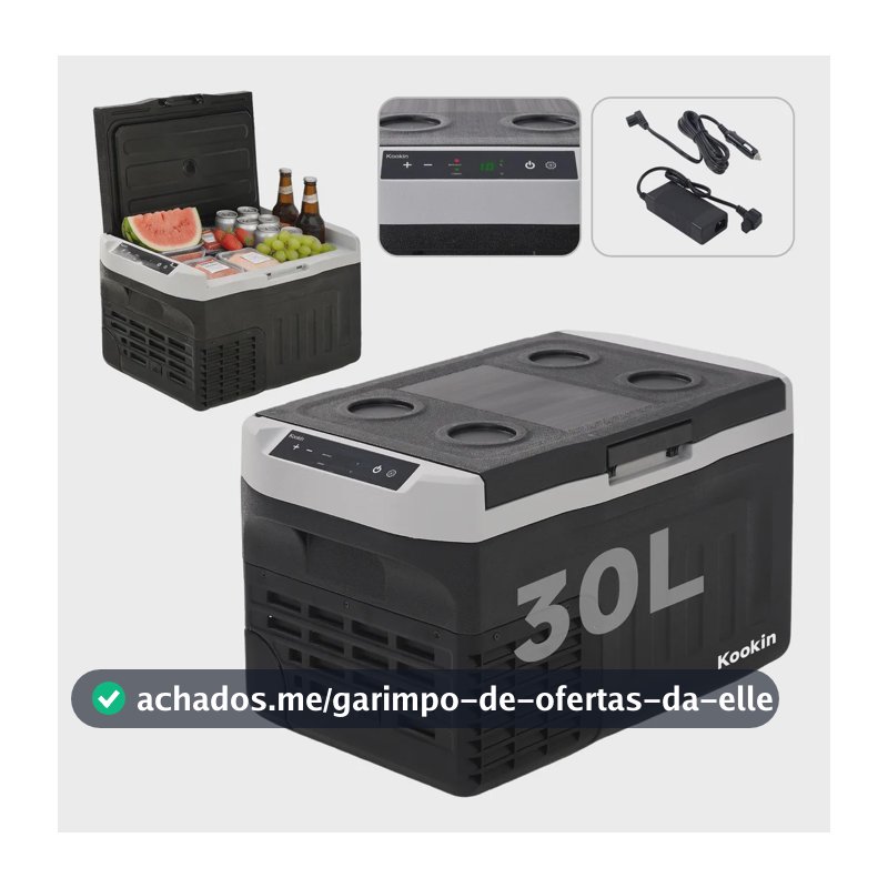 Geladeira Automotiva Portátil 30L Kookin Compressor 12V/24V 110V/220V Freezer -20°C Carro Caminhão Motorhome Com Adaptador