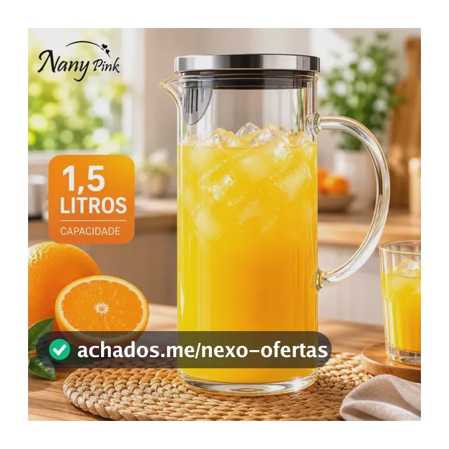 Jarra Vidro Borossilicato 1,5 Litros Tampa Inox Hermética Agua Suco Transparente - Nany Pink