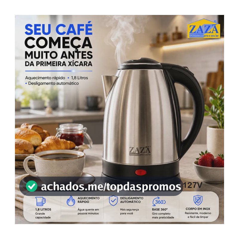 Chaleira Jarra Elétrica 1,8L Litros Em Inox Desligamento Automático Aquecimento Rápido Segura Café Chá Fácil Abertura Tampa Alça Ergométrica