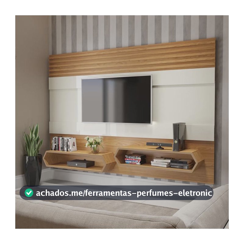Painel Suspenso Ripado Para Tv Até 65  220cm Com 2 Nichos Off White/freijó