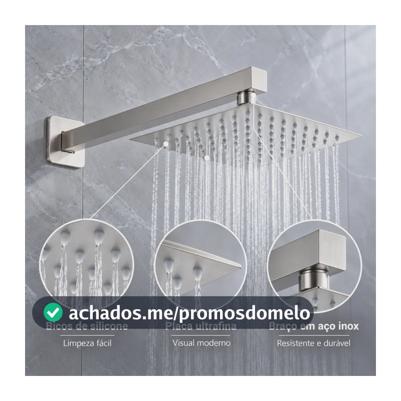 Chuveiro de Parede Quadrado 20cm Inox Escovado com Braço e Cabeça Articulável Efeito Chuva