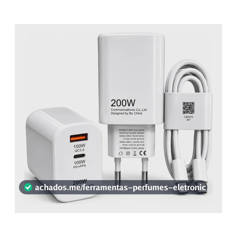 Carregador Turbo 200w Porta Dupla Usb-c Tipo C Super Rápida Branco