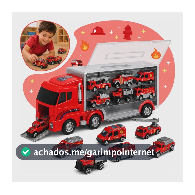 Caminhão Cegonha de Brinquedo Bombeiro Maleta Organizadora com 6 Mini Carrinhos de Resgate Caminhão Infantil com Alça para Transportar Vermelho 37cm Sem Pilhas Kizumba