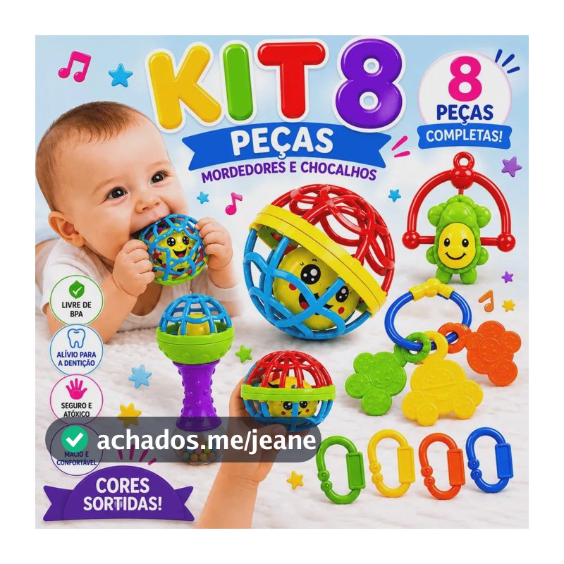Kit Mordedor para Bebê brinquedo Sensorial Silicone com Chocalho 8 Peças Coloridas