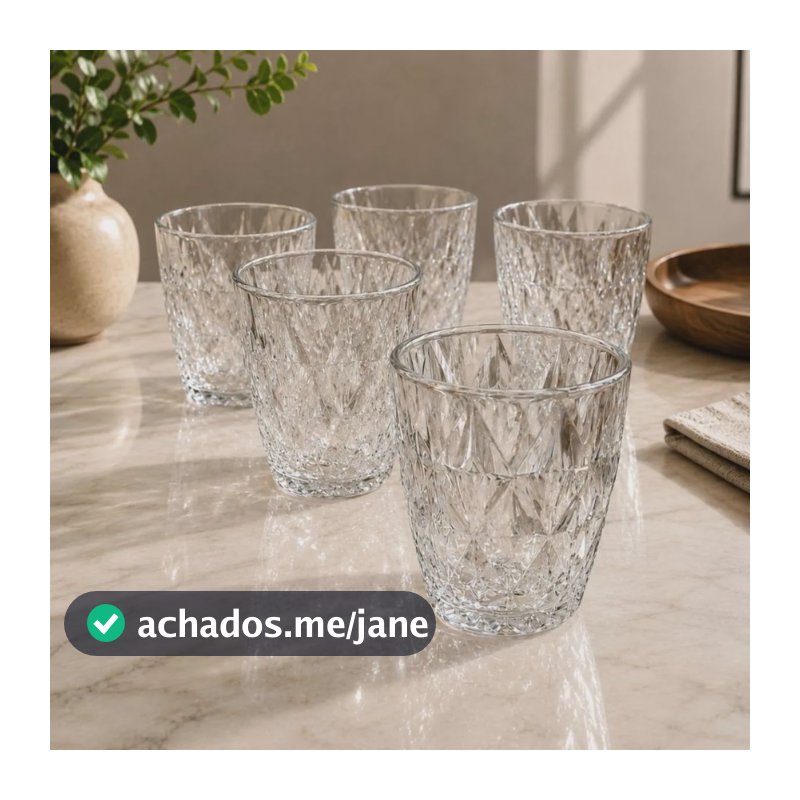 Jogo 6 Copos Baixos Diamond 300ml Vidro Resistente Diamante Transparente