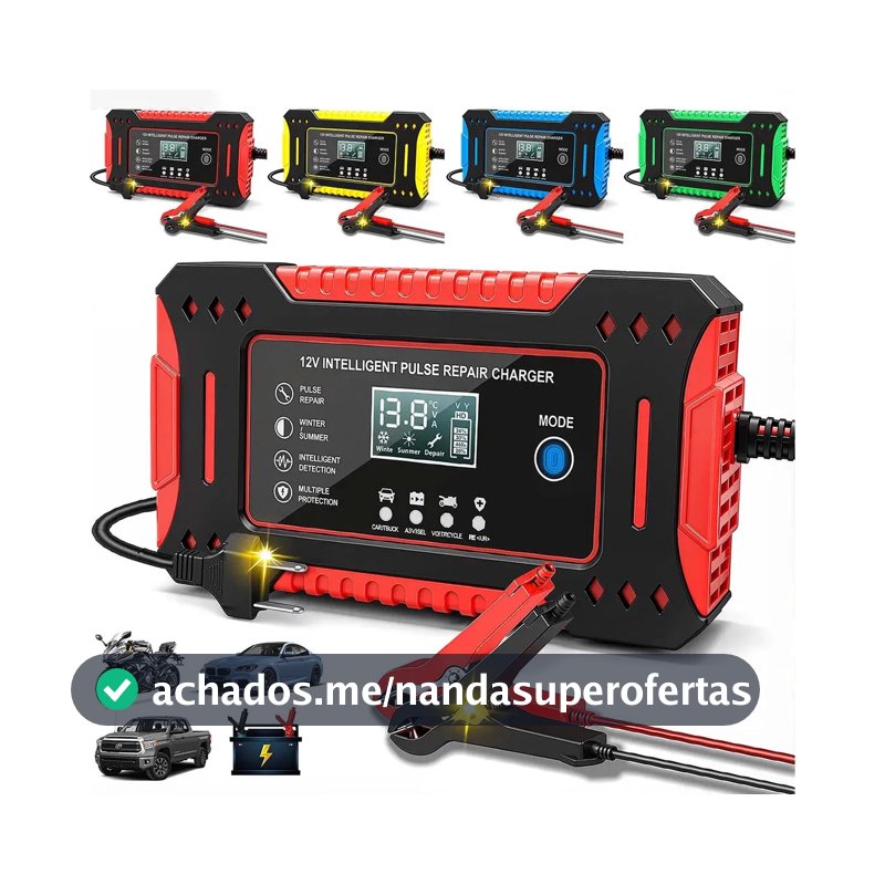 aweshine Carregador inteligente de bateria automotivo 12V portátil, para carro, moto, caminhão e bateria estacionária vermelho