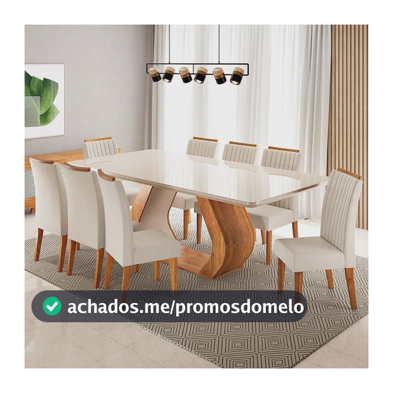 Conjunto Sala De Jantar 8 Lugares Retangular Tampo Em Vidro Mel/off White/bege