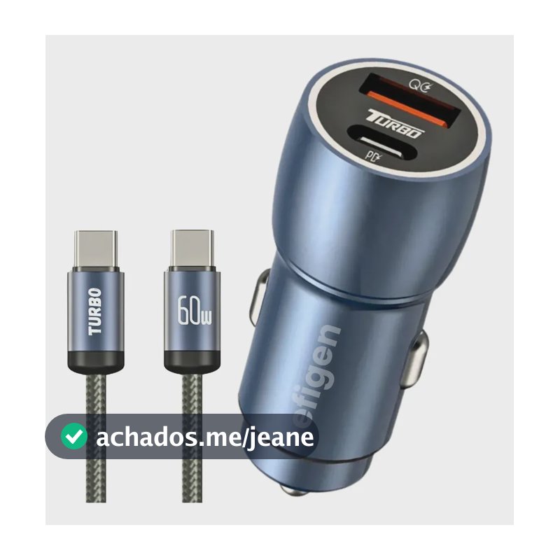 Carregador Veicular Turbo 60w Usb Kit Com Cabo Tipo C Universal Automotivo Hypercharge Duplo Rápido Portátil Para Carro - Efigen