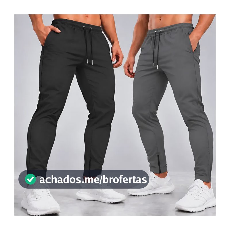 Kit 2 Calças Jogger Tactel Com Elastano Bolsos E Zipper Preta E Cinza M