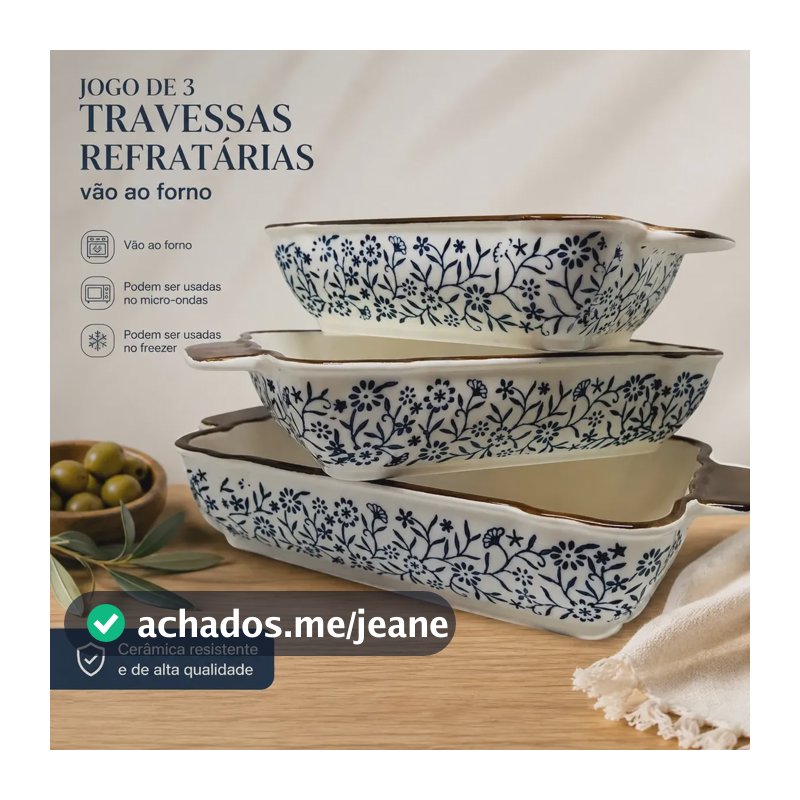 Conjunto 3 Travessas Refratárias De Cerâmica Vai Ao Forno Branco E Azul Marinho