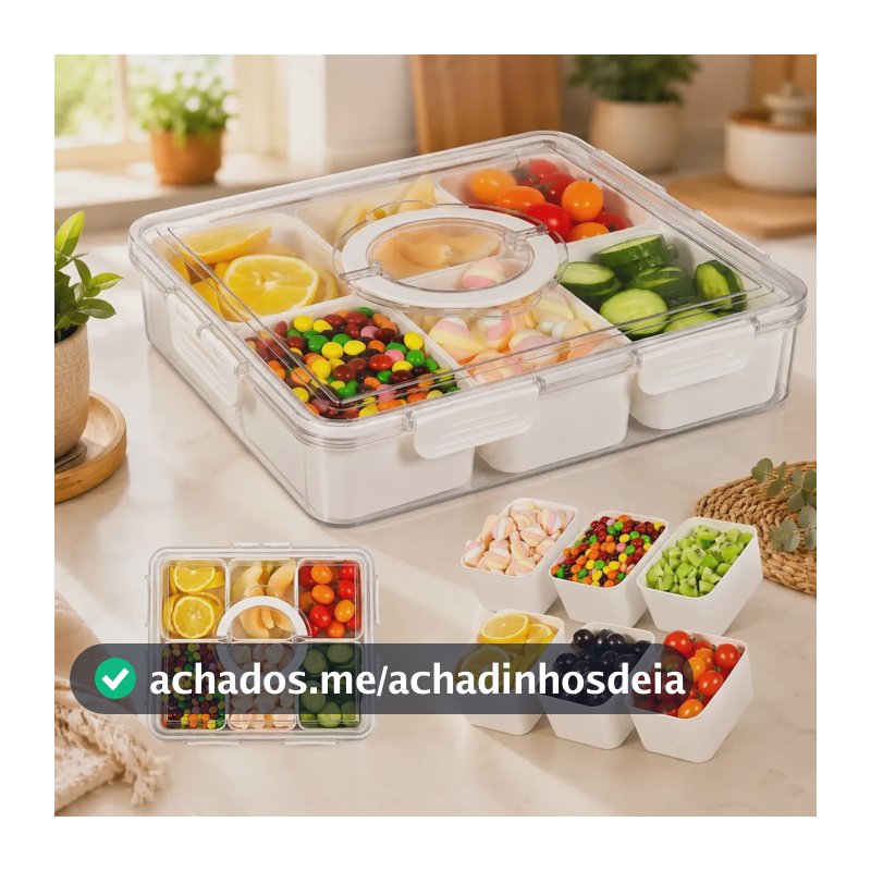 Pote Hermético Organizador De Geladeira Grande Com 6 Divisórias 8 Travas E Alça 5,6l Acrílico Para Frutas E Petiscos Branco
