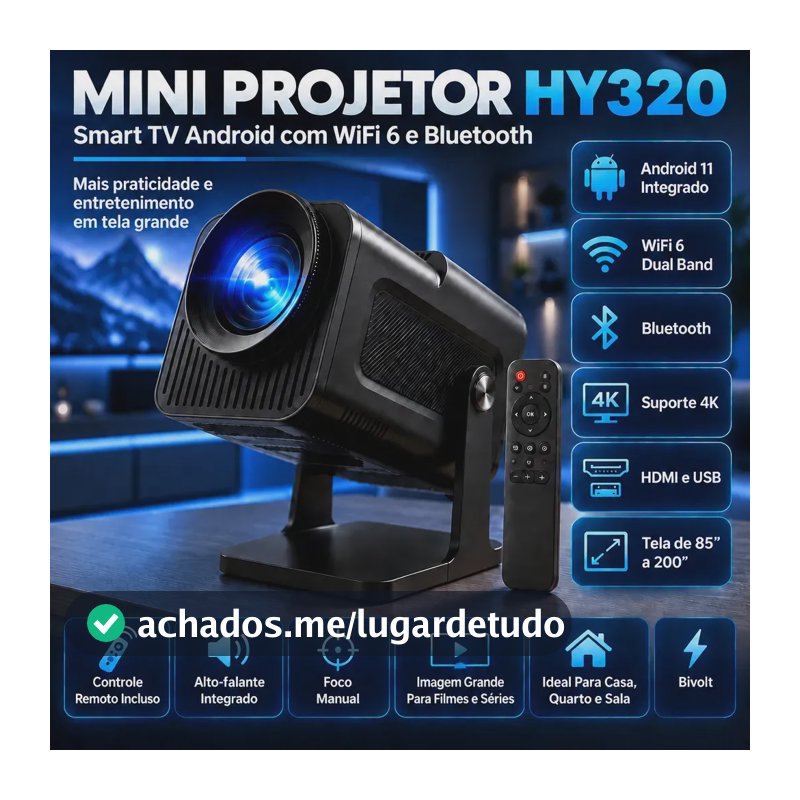 Projetor HY320 Mini Portátil Hardline Smart TV Android WiFi 6 390 ANSI Lumens Full HD Suporte Bluetooth 85-200 Polegadas Alto Falante Com Controle Remoto Bivolt