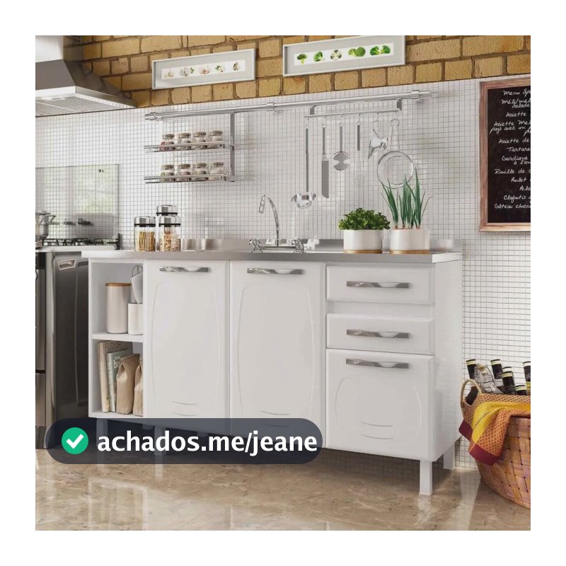 Balcão de Cozinha de Aço Gabinete para Pia 3 Portas 2 Gavetas 150cm Multimóveis CR20355 Branco