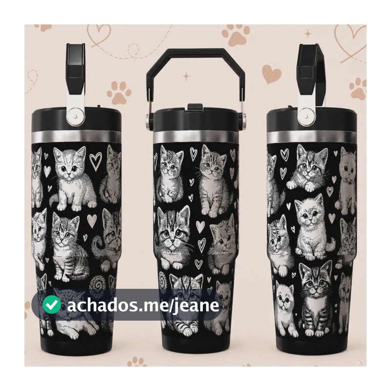 Copo Térmico 900ml Gravada A Laser Arte 360o Gatinho Cat Preto Lisa