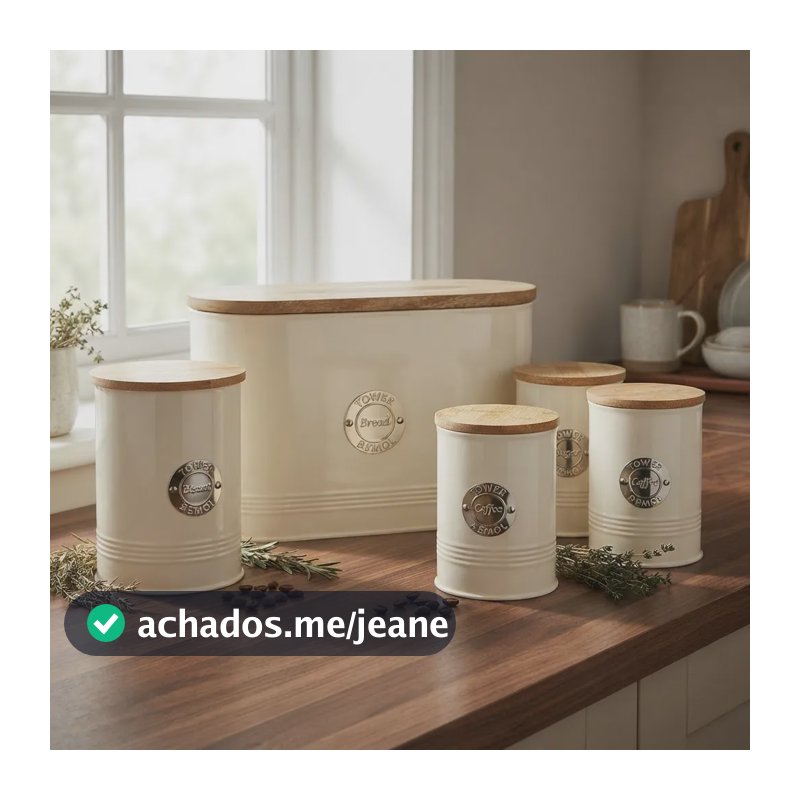 Jogo 5 Porta Mantimentos Inox E Bambu Hermético Creme Latas Creme