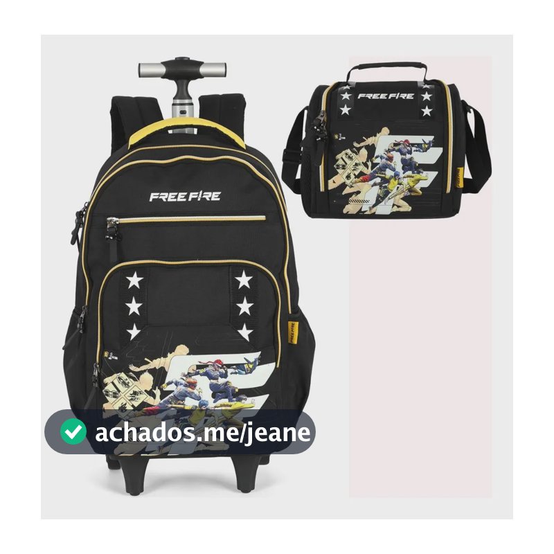 Kit Mochila Com Rodinhas Free Fire Lancheira Mc49785ff Preto Liso