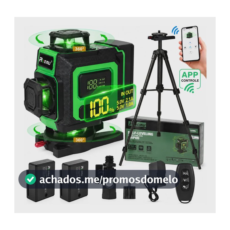 Nível A Laser Verde 16 Linhas + Tripé + 2 Baterias