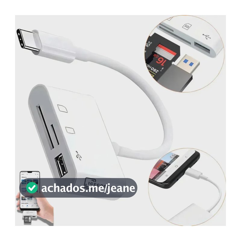 Adaptador Usb Tipo C Leitor De Cartão De Memória 3 Em 1 Usb 3.0 Sd Micro Sd Otg Compatível Com iPhone 15 16 17 Android Samsung Notebook Macbook Velocidade Rápida De Fotos Vídeos Branco Ice Coorel Ic10