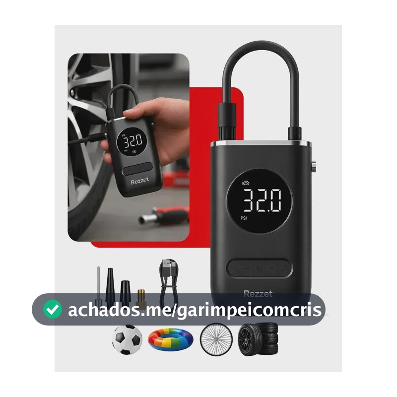 Mini Compressor Digital Portátil para Carro Moto e Bicicleta com Calibrador Digital Inflador Elétrico de Pneus LCD Lanterna LED Compacto e Recarregável Preto Marca Rezzet