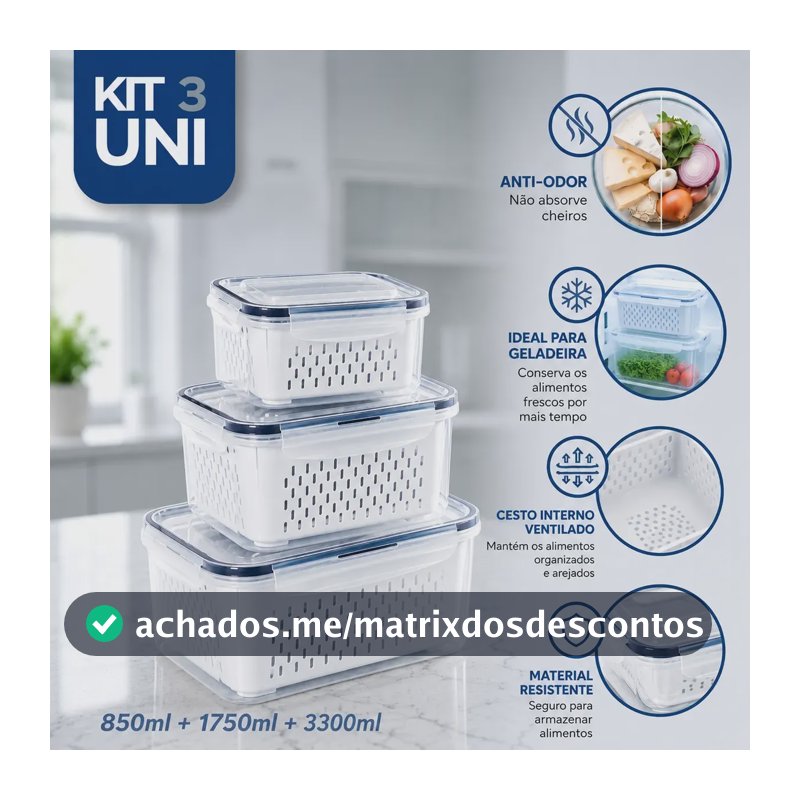 Kit 3 Recipientes Vedação Hermética Empilháveis Conservar Branco