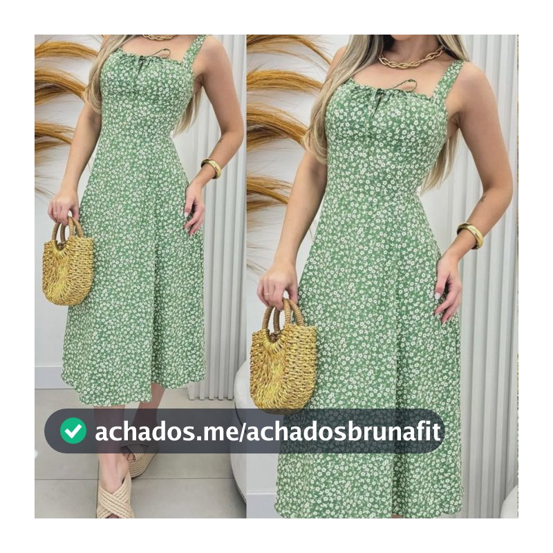 Vestido Midi Com Fenda Lateral Moda Verão Verde Florido G