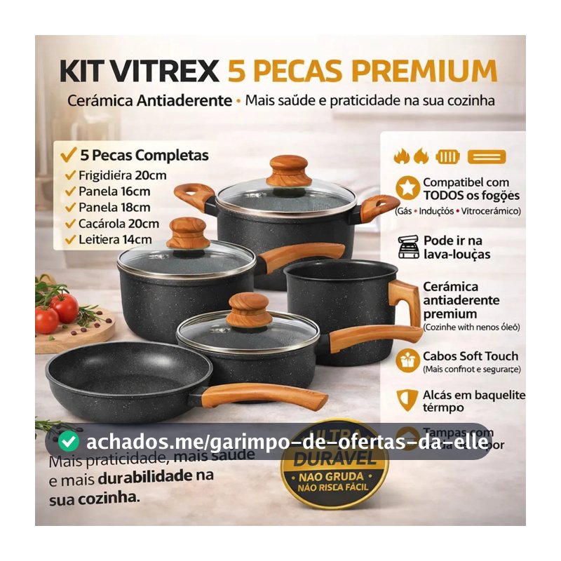 Jogo De Panelas Cerâmico Triplo Indução Vitrex Ecoglid 5 Peças Cor Preto Granito