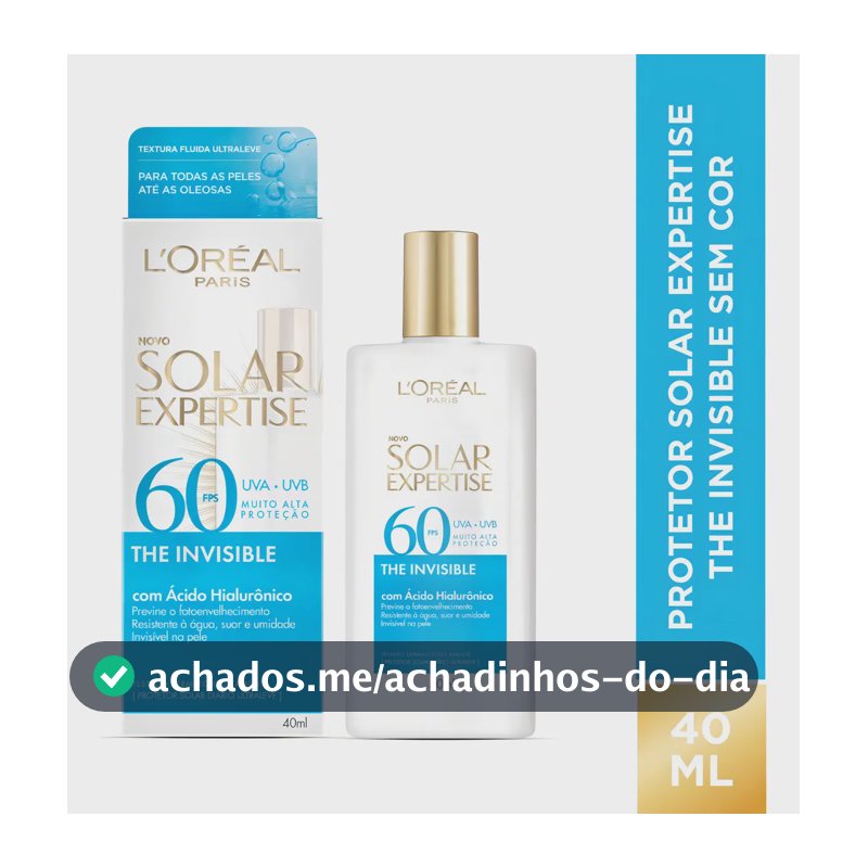 Protetor Solar Facial FPS 60 Antifotoenvelhecimento com Ácido Hialurônico, Textura Leve e Resistente à Água, Sem Cor, Solar Expertise L'Oréal Paris 40g