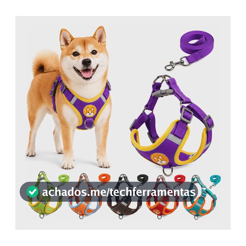 Coleira Peitoral Cachorro Gato Com Guia Ajustável Refletiva Roxo Refletivo M 3-6 Kg