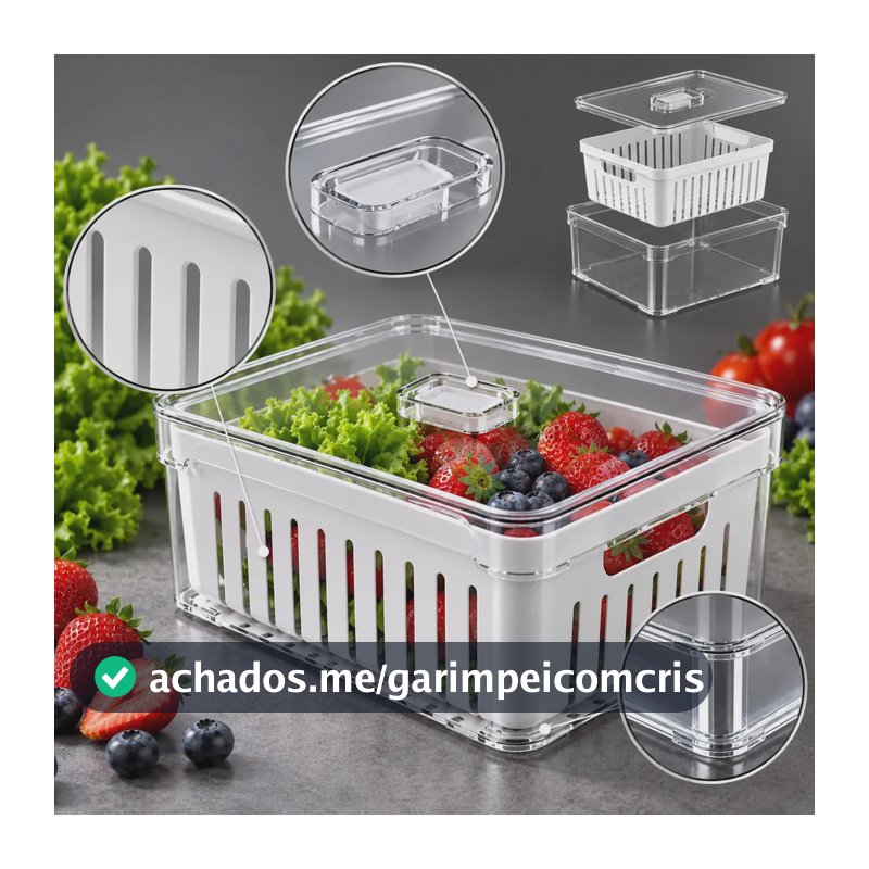 Organizador de Geladeira 2,2L com Cesto de Drenagem Plástico Livre de BPA Tampa com Trava Pote de Acrílico Transparente Ponte Lar Utilidades para Frutas Legumes Verduras Frio Armário Cozinha 1 Unidade
