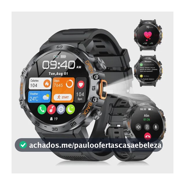 Relógio Inteligente Homem Smartwatch Esporte Tátic Com Luz Preto Pulseira De Silicone