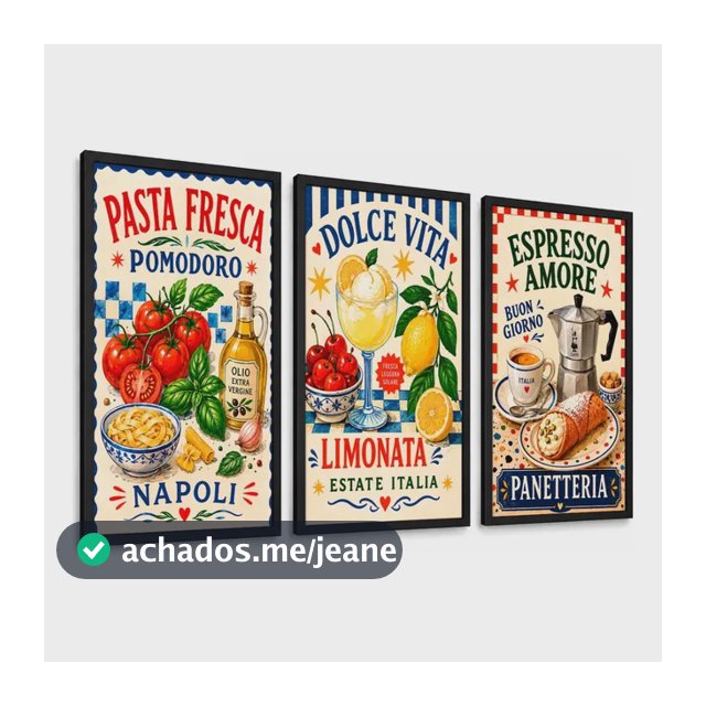 Quadros Decorativos Cozinha Italiana Retrô 3 Peças Bege, Vermelho E Azul Borda Impressa