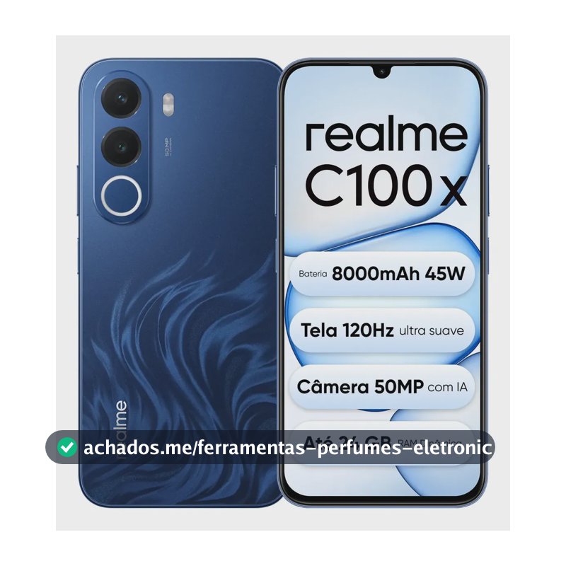Celular Smartphone Realme C100x 256gb 8gb Ram (+16gb ram Virtual Boost), Bateria Titan 8000mah 45w, Tela Ultra Suave 120hz, Campeão em Fluidez, Câmera 50 Mp, IP64,NEXT AI, Azul