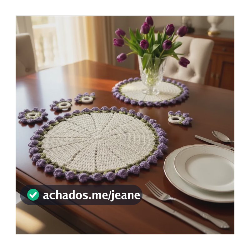 Toalha De Mesa Crochê Tulipas Vermelho Lilás Flores Tulipas