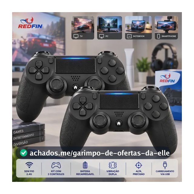 Kit 2 Controle Para Ps4 Sem Fio Redfin Para Ps4 Pc Bluetooth Touchpad Vibração Dupla Joystick Compatível PS4 Videogame TV PC Celular Android Manete Smart TV Headset - Redfin