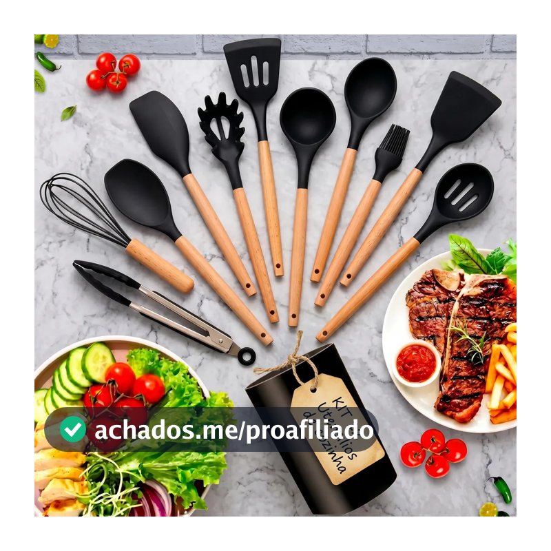 Kit 12 Utensílios De Cozinha Em Silicone Cabo Madeira Antiderrapante Resistentes Ao Calor Antiaderentes Ideal Para Panelas E Preparos Completos Ponte Lar Utilidades