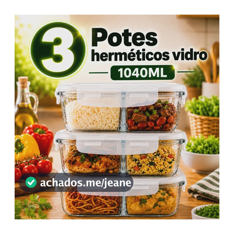 Kit 3 Potes Vidro 1040ml Hermético Marmita Forno Refratário Transparente