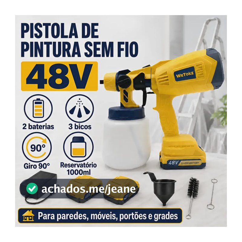 Pistola De Pintura Sem Fio 48v Com 2 Baterias Acessórios Amarelo 48v
